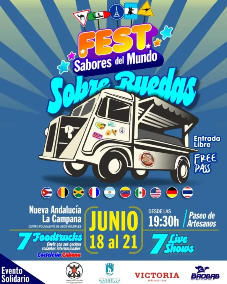 Cartel de Sabores del Mundo Sobre Ruedas 2026 en Marbella con food trucks internacionales, música en directo y entrada gratuita