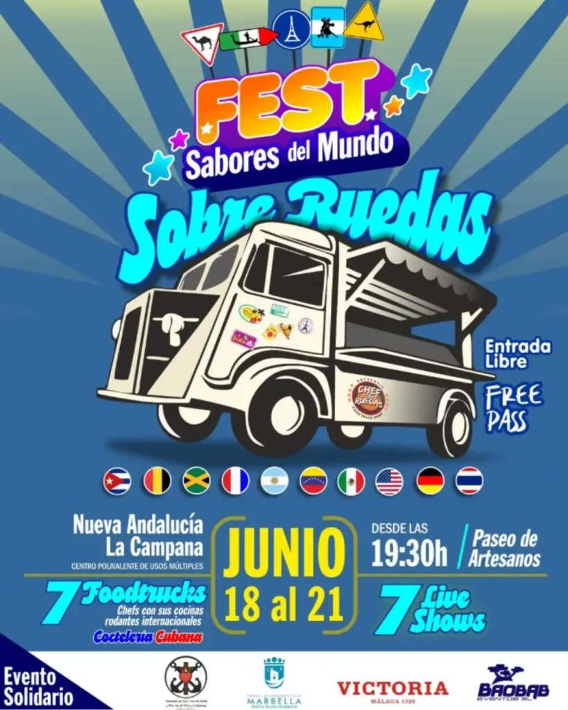 Cartel de Sabores del Mundo Sobre Ruedas 2026 en Marbella con food trucks internacionales, música en directo y entrada gratuita