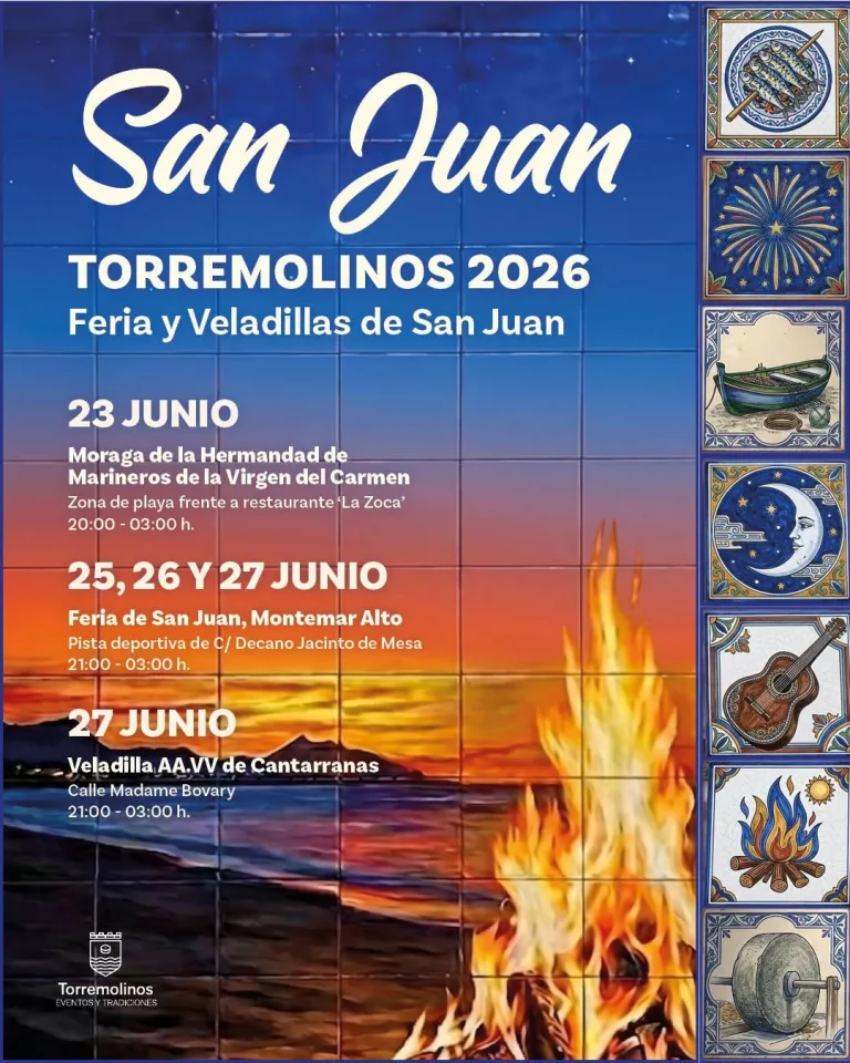 Cartel de San Juan 2026 en Torremolinos con moragas, hogueras y música en directo