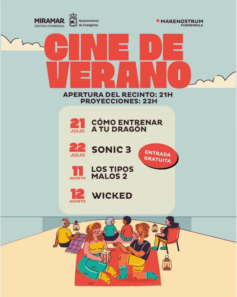 Cartel del Cine de Verano Marenostrum Fuengirola 2026 con la programación de películas gratuitas al aire libre.