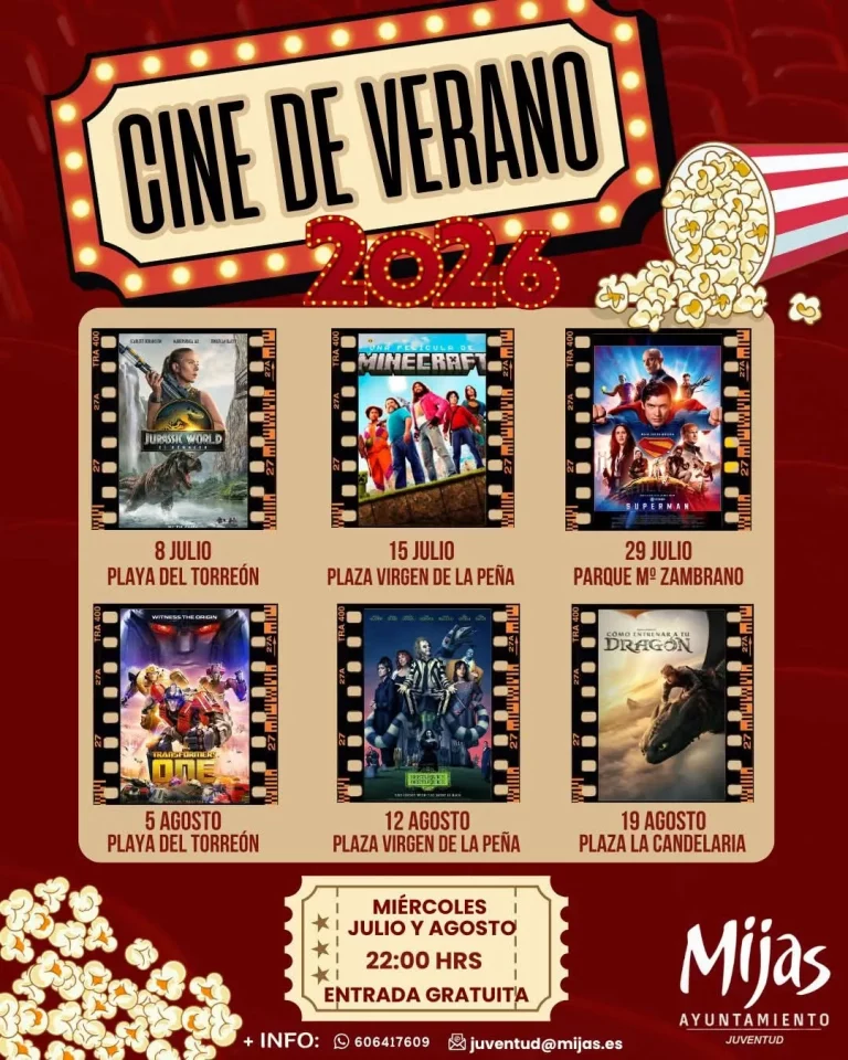 Cartel del Cine de Verano Mijas 2026 con películas gratuitas al aire libre en La Cala, Mijas Pueblo y Las Lagunas.