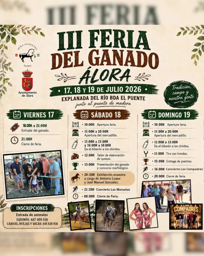 Cartel oficial de la III Feria del Ganado de Álora 2026 con la programación completa del 17 al 19 de julio.