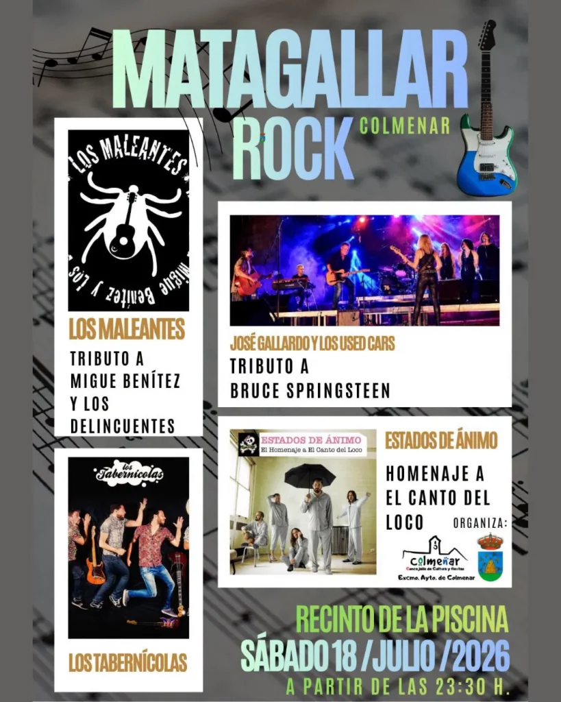 Cartel oficial del Matagallar Rock 2026 en Colmenar con tributos y conciertos de rock en directo.