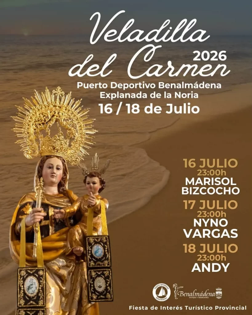 Veladilla del Carmen Benalmádena 2026 en el Puerto Deportivo con conciertos gratuitos, procesión de la Virgen del Carmen y fuegos artificiales.